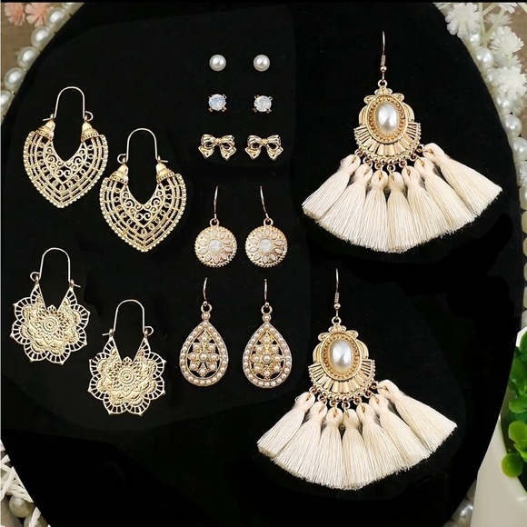 8 Pairs Boho Gold Pearl Drop Earrings Set - Picture 1 of 7